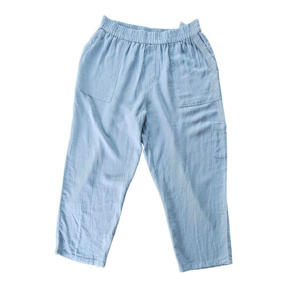 Susan Graver Pure Linen Utility Cargo Crop Pant Faded Chambray Size S Pull On - Picture 1 of 10